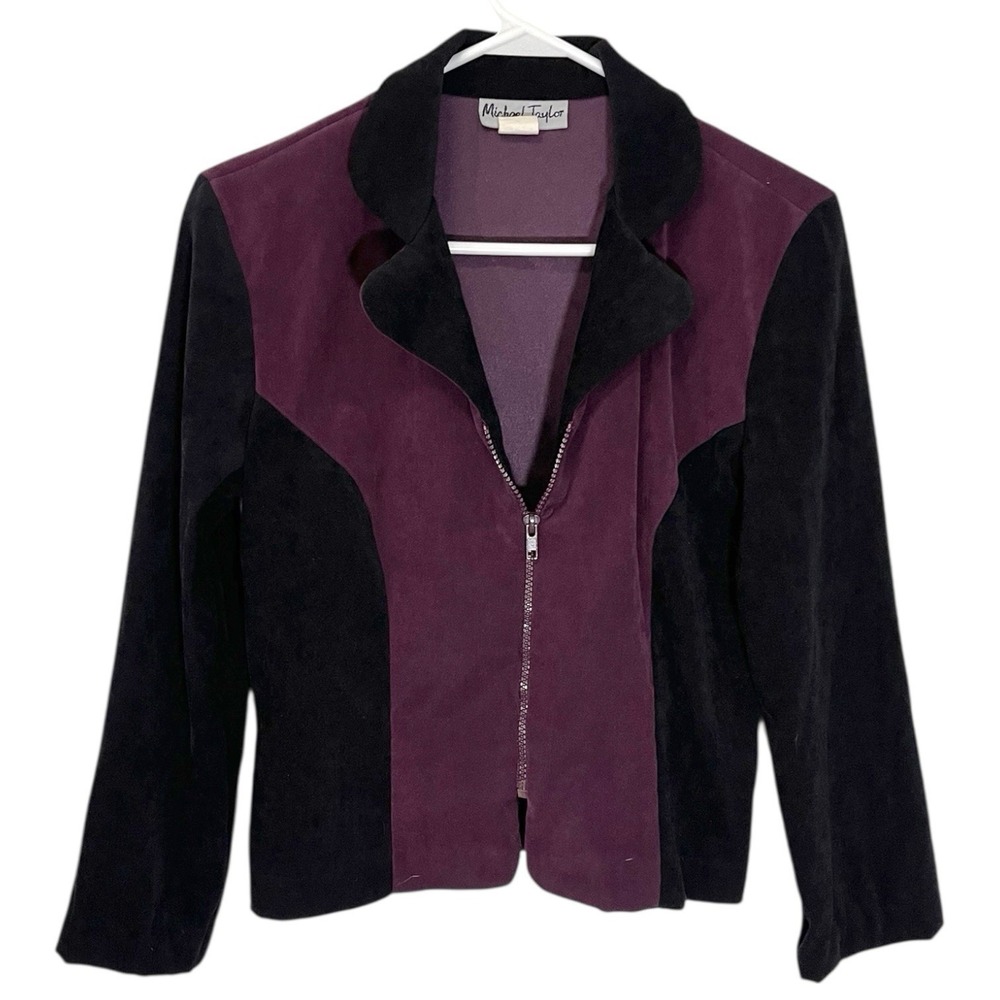 Michael Taylor 5 Purple Black Jacket Zip Up Colorblock Faux Suede Whimsigoth‎
